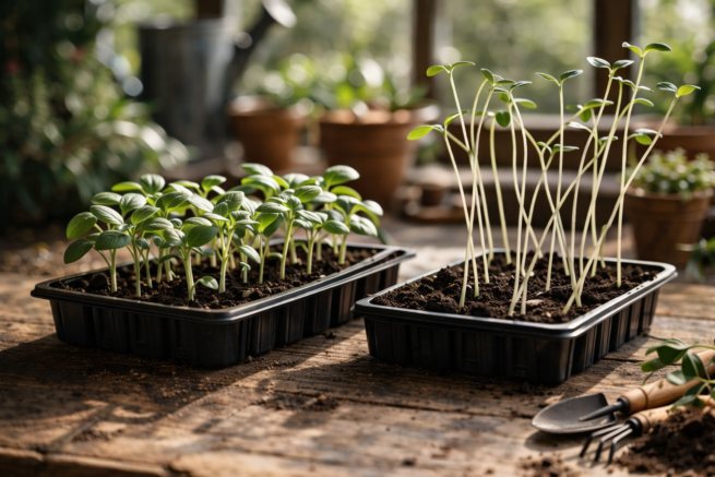 porównanie zdrowych i wyciągniętych sadzonek warzyw w doniczkach