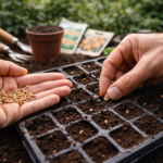 Wysiew nasion do pojemnika z ziemią podczas przygotowania rozsady