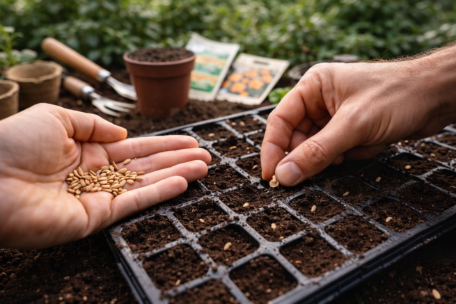 Wysiew nasion do pojemnika z ziemią podczas przygotowania rozsady