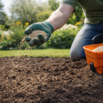 wysiew trawy w ogrodzie ręką na przygotowanej glebie
