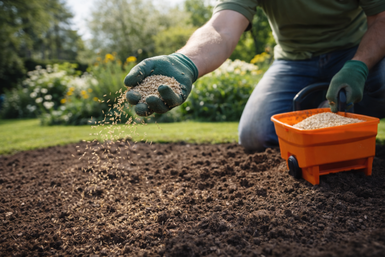 wysiew trawy w ogrodzie ręką na przygotowanej glebie
