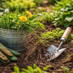wyrwane chwasty z korzeniami i narzędzia ogrodowe na ziemi