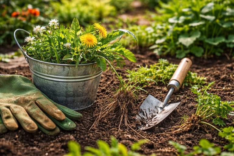 wyrwane chwasty z korzeniami i narzędzia ogrodowe na ziemi