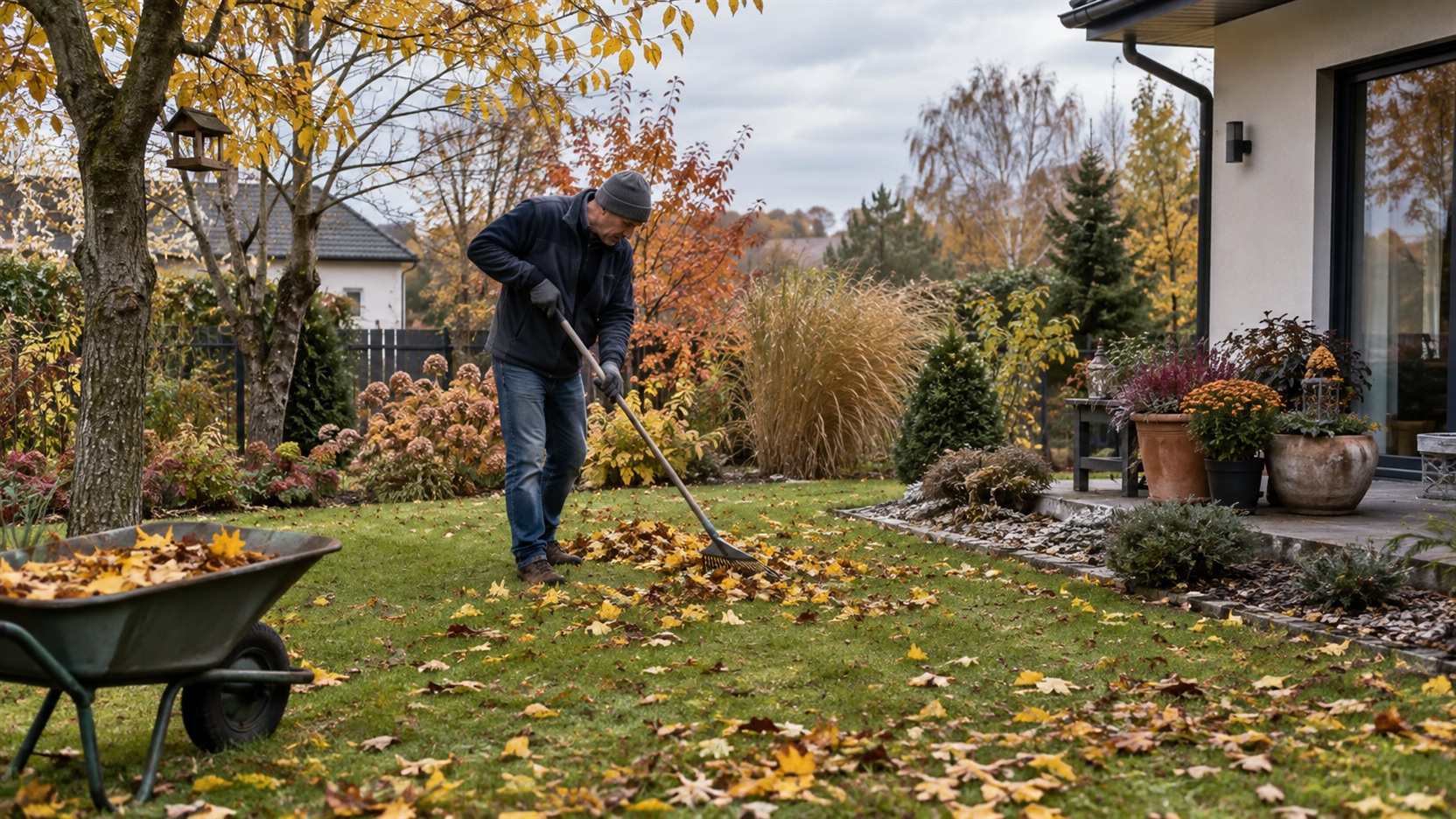 Ogród w październiku podczas jesiennych prac przed zimą